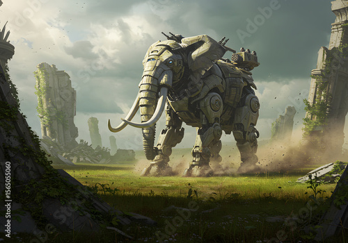 Mechanical elephant in ruined landscape