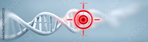 A DNA double helix is shown with a red target symbol focusing on a specific gene segment, symbolizing precision gene editing or targeted genetic research.