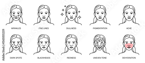 Woman skin problems: wrinkles, acne, fine lines, dark spots, pigmentation, dullness