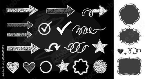 Chalkboard design elements: arrows, check marks, shapes, and decorative doodles