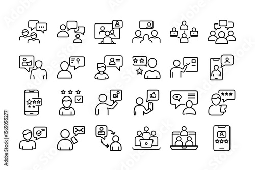 Let's Talk: Set of People Vector Illustrations in Various Activities. Featuring Communication, Video Calls, Feedback, Messaging, and Social Interaction. Vector Illustration. Editable Stroke