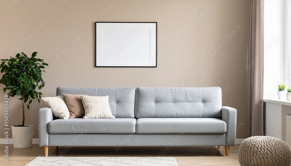 Fototapeta premium Grey Sofa in a Minimalist Living Room with Beige Walls