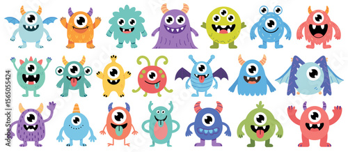 Cartoon monsters collection, colorful, fun, cute, playful, whimsical, happy, illustration