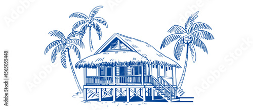 Tropical bungalow sketch with palm trees, beach house drawing in blue color, vacation