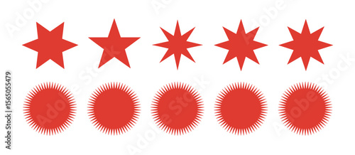Red stars and bursting sun shapes for rating system and graphic elements