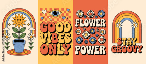 Retro groovy designs with flower power, good vibes, and stay groovy messages