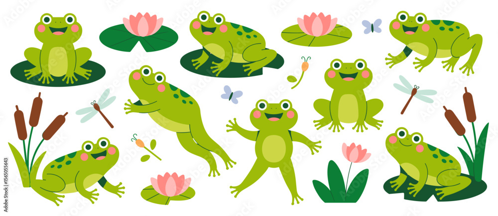 Naklejka premium Cute cartoon frogs illustration, frog, pond, wildlife, amphibian, nature, animal, waterlily, cattails