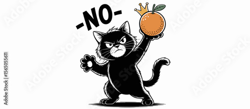 Grumpy black cat holding orange fruit, saying no, cartoon illustration