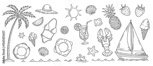 Summer icons, beach vacation elements: palm tree, sun, cocktail, swimsuit, lobster, sail