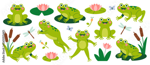 Cute cartoon frogs illustration, frog, pond, wildlife, amphibian, nature, animal, waterlily, cattails