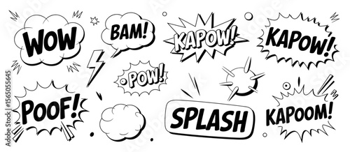 Comic book speech bubbles: wow, bam, kapow, poof, pow, splash, and kapoom