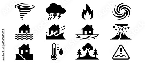 Natural disaster icons: Tornado, hurricane, flood, earthquake, volcano, extreme heat warning