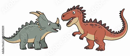 Cartoon Triceratops and Tyrannosaurus Rex Dinosaurs Chatting Happily
