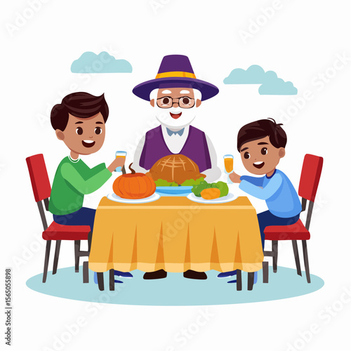Family Dinner: A warm and colorful illustration depicting a family gathered at a table, enjoying a festive meal, full of joy and togetherness.