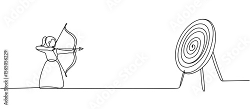 Archery target practice, one person drawing in single line art concept design