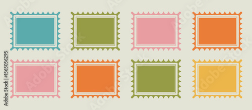 Retro stamp frames set, scalloped edges, blank postage borders, vintage design elements