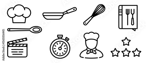 Cooking show, chef, hat, recipe, whisk, spoon and timer icons for culinary arts