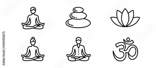Yoga meditation icons: lotus, stacked stones, om symbol, wellness, and mindfulness.