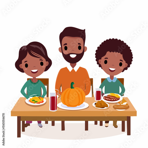 Family Feast: A heartwarming illustration of a family enjoying a festive meal at a wooden table, celebrating a special occasion and enjoying each other's company.