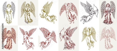 Angels vintage illustrations, winged figures with bows, faith, religion concept