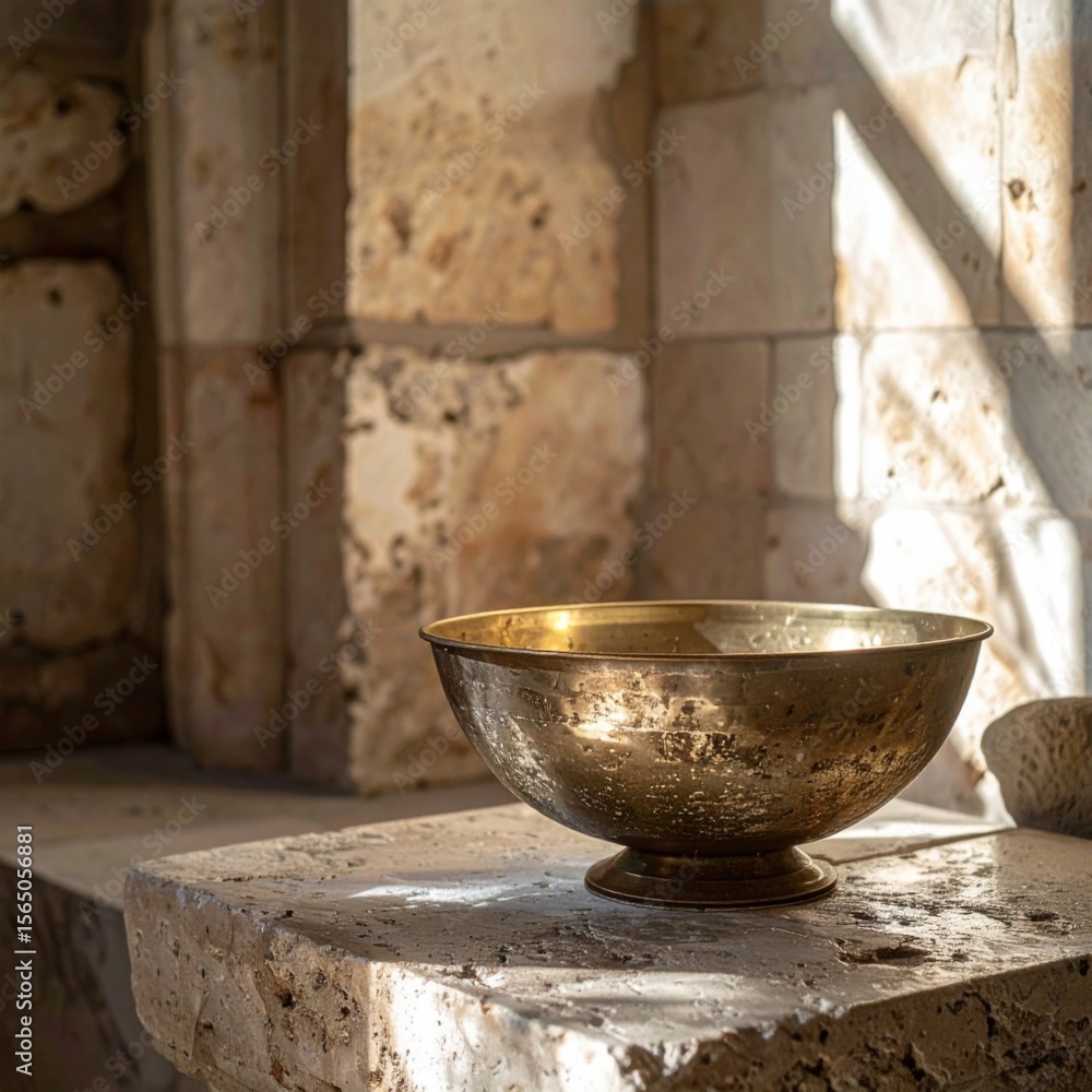 Brass Colander on Stone Surface in Sunlit Room Brass Colander on Stone Surface in Sunlit Room