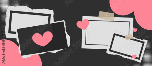 Abstract background with paper collage, love concept, scrapbook design with hearts