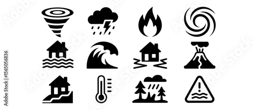 Natural disaster icons set: tornado, storm, fire, hurricane, earthquake, volcano, tsunami.