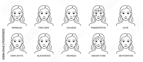 Woman face with skin problems: wrinkles, fine lines, acne, dark spots, blackheads, redness.
