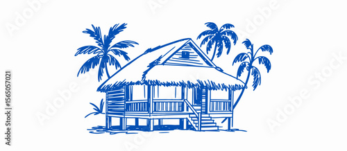 Tropical hut sketch on beach with palm trees in blue ink, travel destination drawing