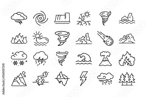 Natural Disaster Line Icon Set. Featuring Earthquake, Flood, Tornado, Lightning, Fire, Volcano, Tsunami, Meteor, and More. Vector Illustration. Editable Stroke.