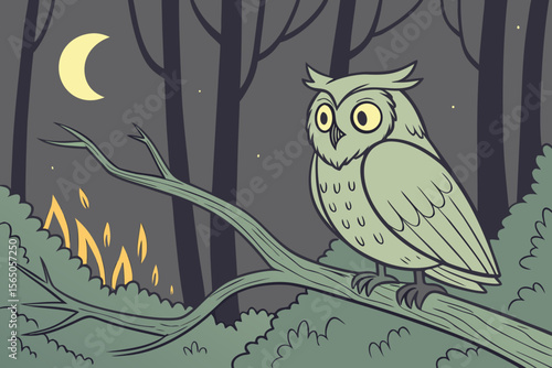 Owl on Branch – Night Forest Vector view.