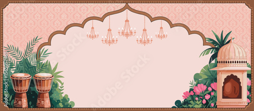 Indian wedding mandap illustration with drums, chandeliers, flowers, and decorations