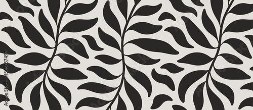 Seamless botanical pattern with foliage and leaves in black and white, elegant floral wallpaper