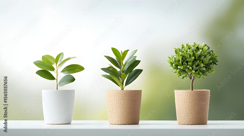 Fototapeta premium Three Potted Plants on Modern Windowsill