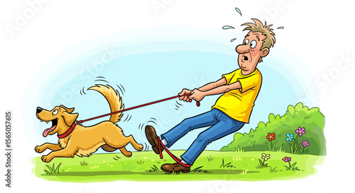 Man walking dog cartoon pulling leash running on grass in park, outdoors funny concept