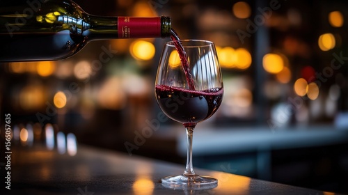 A bottle of red wine is being poured into a glass on a bar counter with a blurred warm bokeh background.