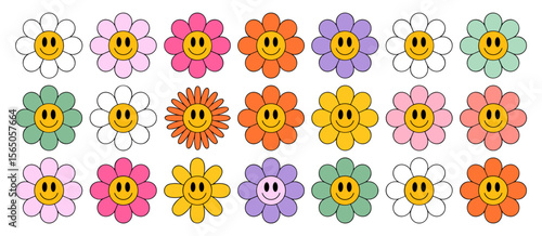 Groovy flowers, retro style daisy blooms with smiley face in vivid colors, 70s, happy, vintage