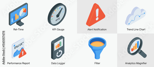 Data analysis isometric icons set: Real time monitor, KPI gauge, alert notification, chart