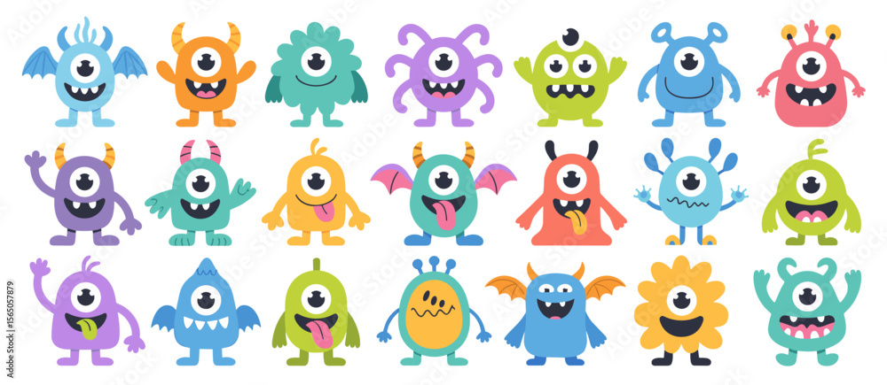 Collection of colorful cartoon monsters with one eye, happy vector illustrations Collection of colorful cartoon monsters with one eye, happy vector illustrations