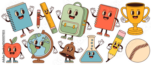 Retro cartoon school supplies: notebook, backpack, globe, baseball, and science beaker.