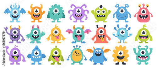 Collection of colorful cartoon monsters with one eye, happy vector illustrations