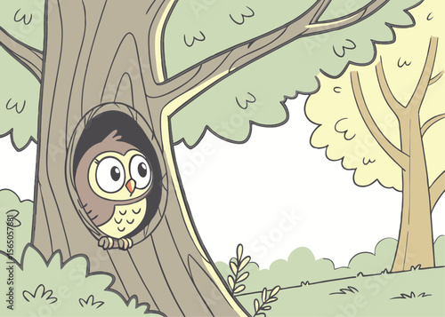 Owl in hollow tree – vector illustration of nocturnal bird perched inside tree cavity