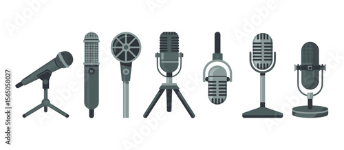 Microphones, vector set of professional audio recording studio equipment, communication