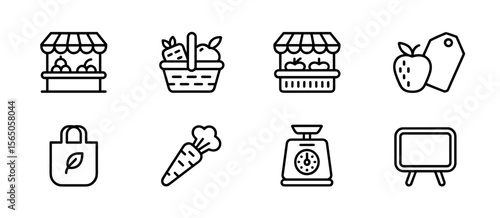 Farmers market line icons: stand, food basket, tag, bag, carrot, scale, signage