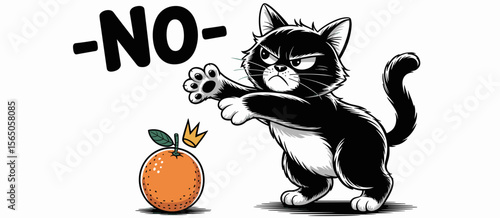 Cartoon angry cat says no to orange fruit with a crown, disapproval concept