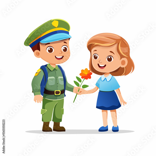 Flower offering to soldier: A charming illustration depicting a kind gesture of offering a flower, a symbol of peace and gratitude, to a soldier, capturing a heartwarming scene.