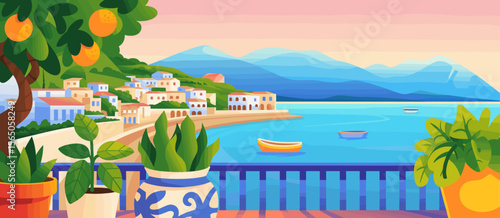 Mediterranean coast town, sea view, colorful houses, plants, balcony, bright, summer
