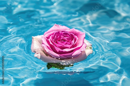 Delicate Pink Rose Floating on Azure Water, Radiant Beauty