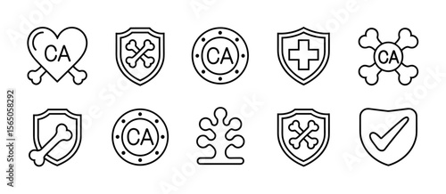 Calcium supplements, bone health icons, medical care symbols, vitamin supplement line art