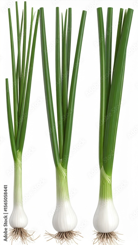 Obraz premium Three Fresh Scallions on White Background